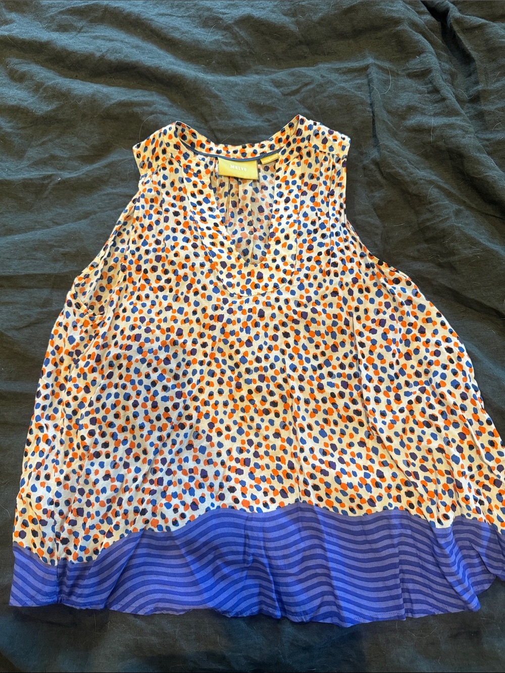 Maeve Blue and Orange Dot Print V-Neck Pleated-Hem Cami